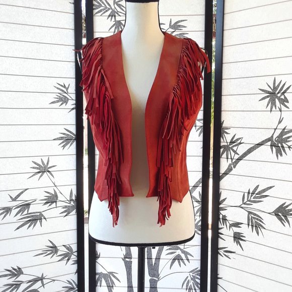 RARE Vintage 1970s Red Sun Faded Suede Fringe Vest Jacket - Picture 4 of 16